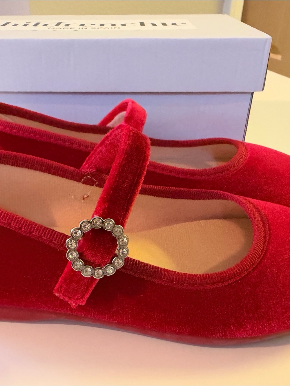 Red Velvet Mary Jane Flats with Crystal Circle Buckle - Kids